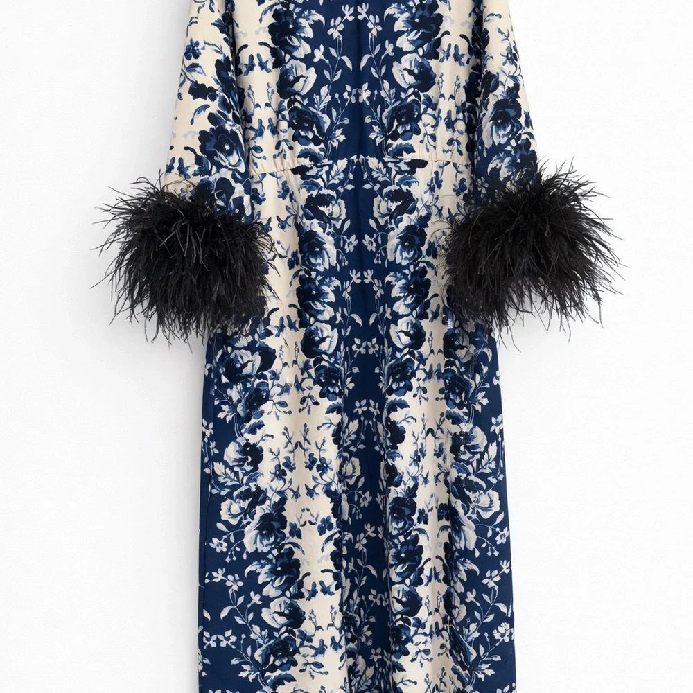 Tuckernuck Blue and White Long-Sleeve Floral Maxi Dress with Feather Cuffs - Picture 5 of 5